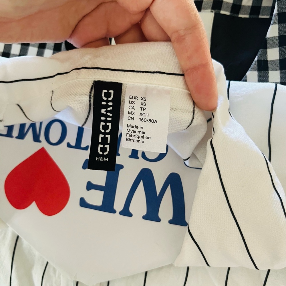 H&M White Shirt with Black Pinstripes and Blue Graphic - Picture 3 of 6